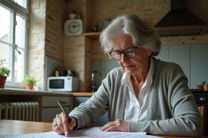 Femme examinant un rapport d'audit énergétique dans une cuisine ancienne, erreurs fréquentes à éviter pour les particuliers