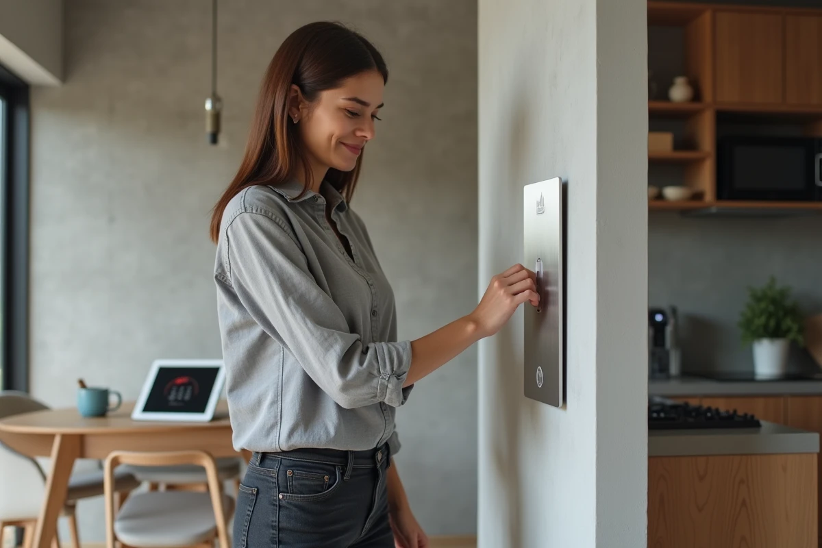 Femme utilisant un bouton poussoir intégré à un système domotique dans une cuisine moderne connectée