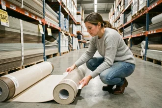 Femme comparant des rouleaux de linoléum en fin de série dans un entrepôt de bricolage