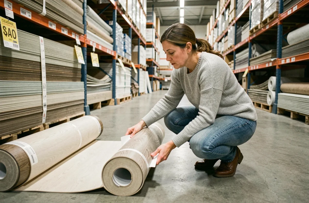 Femme comparant des rouleaux de linoléum en fin de série dans un entrepôt de bricolage