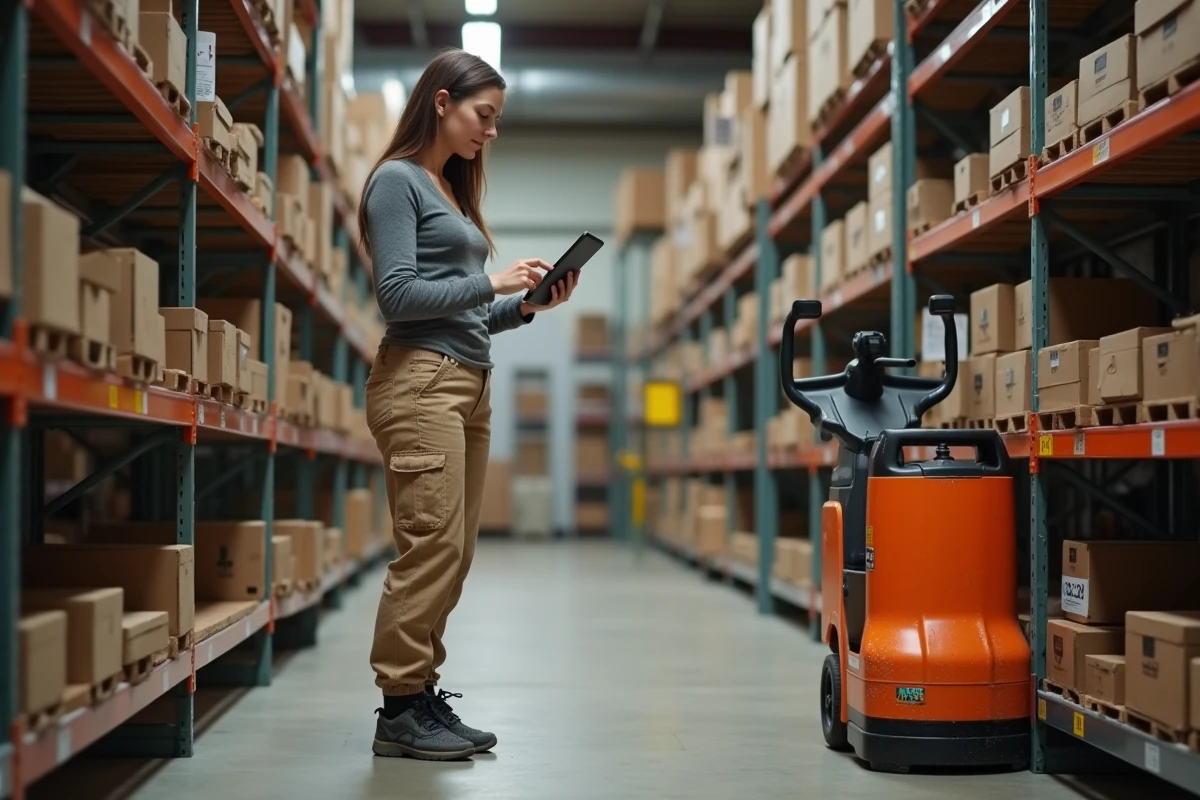 Femme comparant des tarifs de location de matériel sur une tablette dans un magasin de location d'outils de bricolage