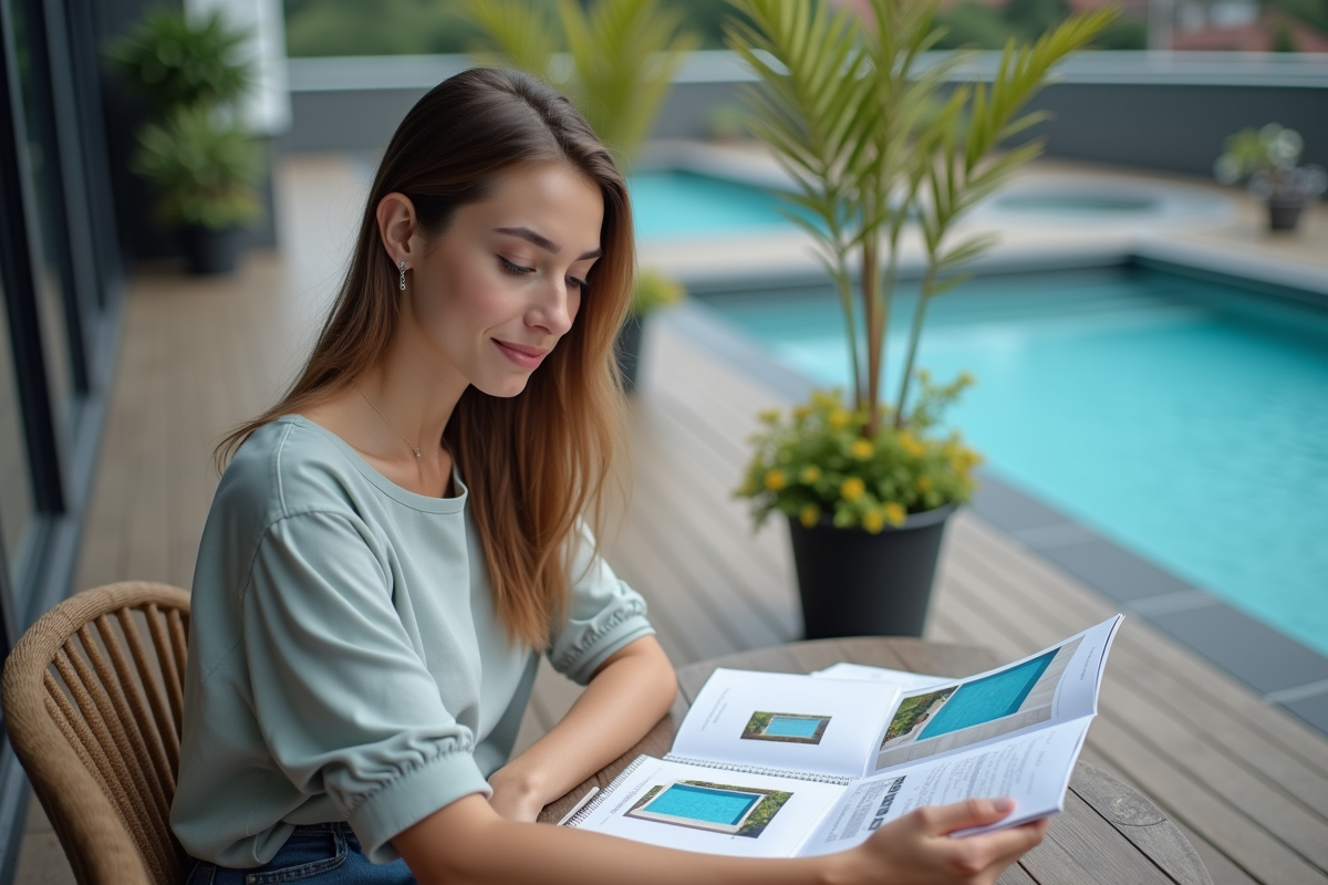 Jeune femme lisant brochures de piscines sur terrasse urbaine