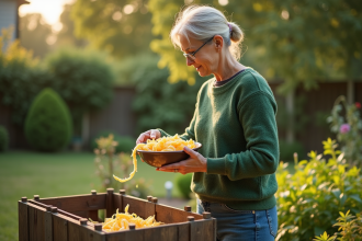 Femme en jeans et pull vert compostant dans son jardin