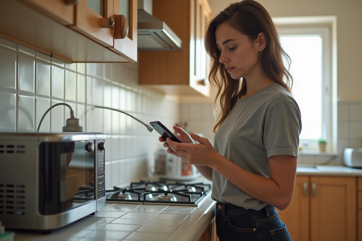 Jeune femme regardant un cordon endommagé en cuisine