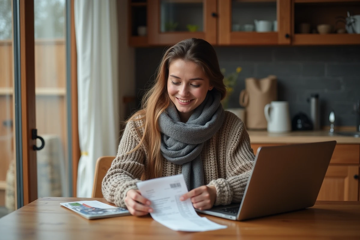 Femme à la maison vérifiant ses achats de pellets