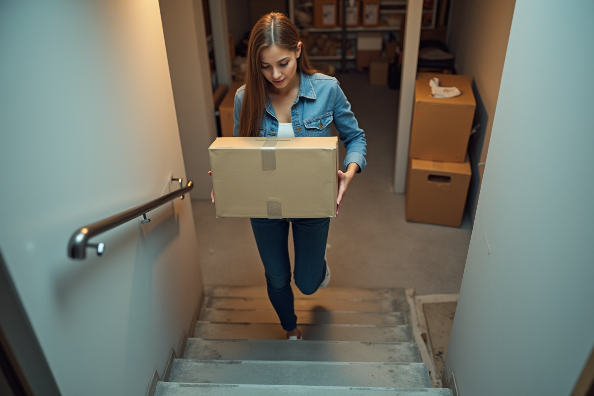 Jeune femme en tenue professionnelle descend des escaliers en béton dans un sous-sol moderne