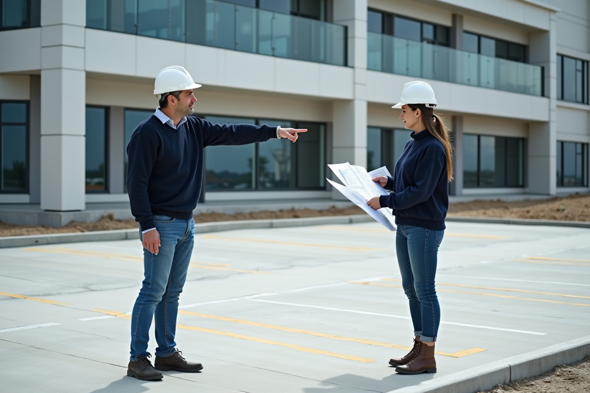 Femme pointant les plans avec un architecte sur le chantier