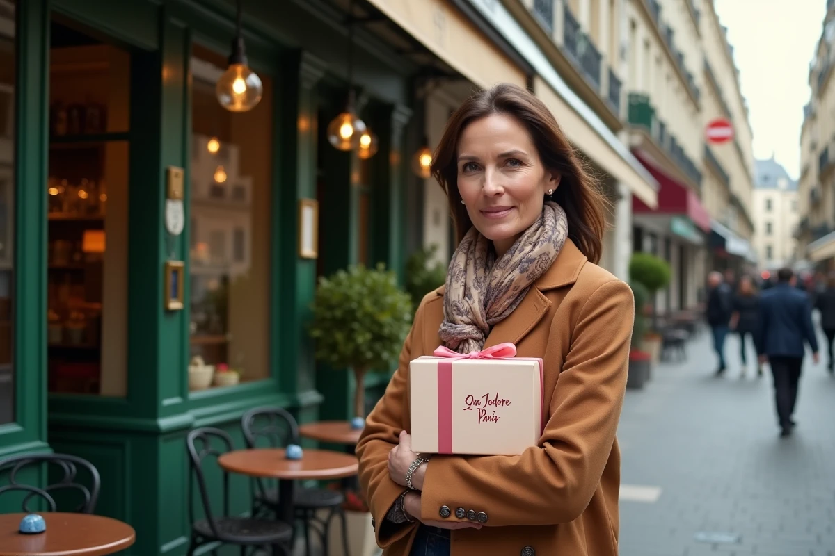 Femme élégante tenant la box Que J'adore Paris dans une rue typique de Paris avec brasserie en arrière-plan