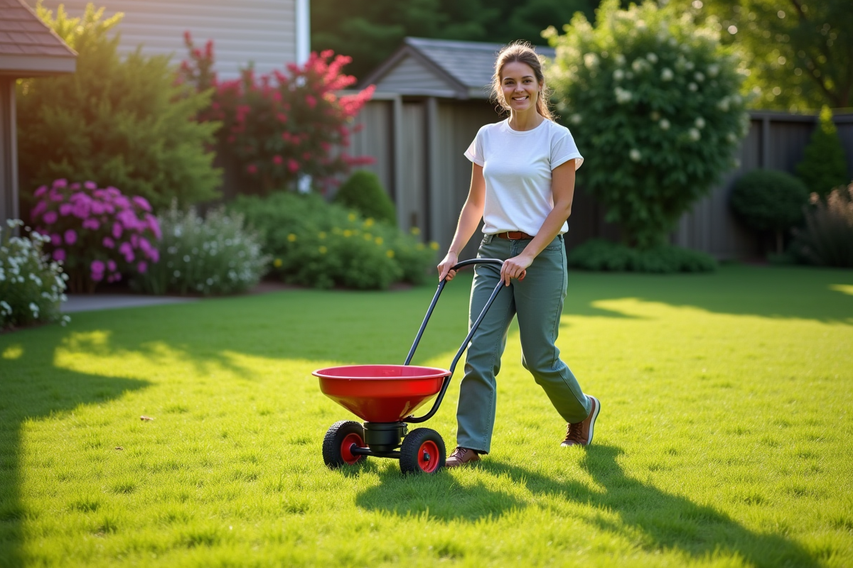 Femme souriante poussant un épandeur sur la pelouse