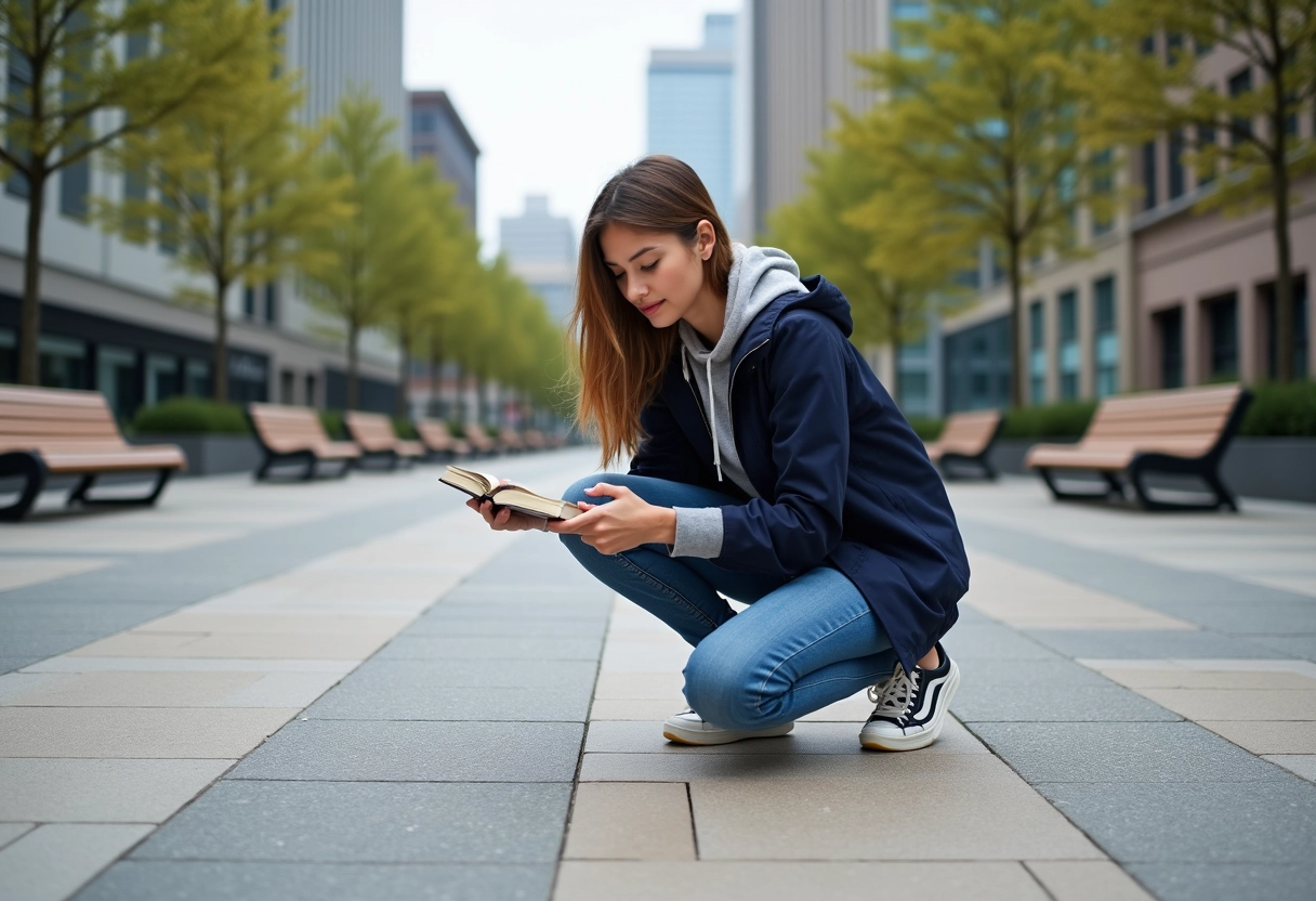 Jeune femme observant le pavage en béton exposé