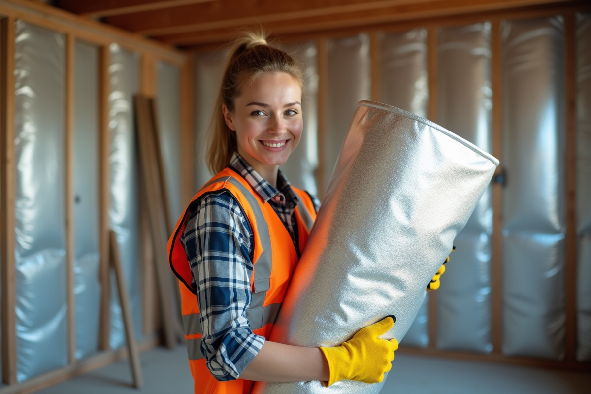 Jeune femme tenant isolation réfléchissante dans un sous-sol