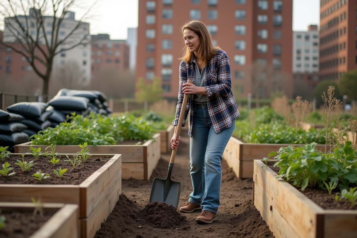 Femme plantant dans un jardin communautaire urbain