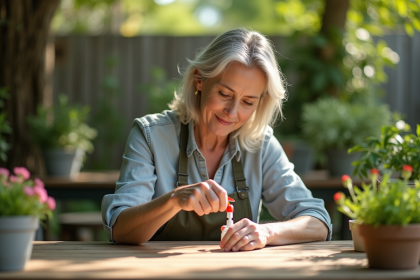 Femme en jardinage faisant un trou dans une bouteille plastique