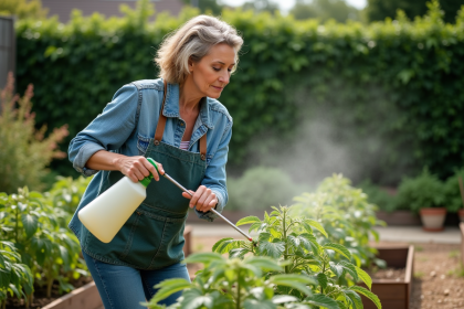 Femme en jardinage naturel pulvérisant une solution sur des tomates