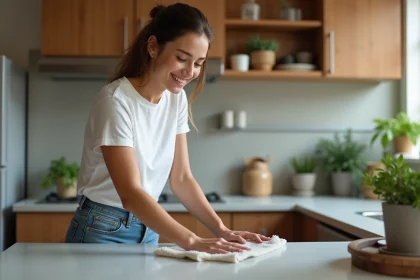 Femme souriante nettoie la cuisine moderne avec chiffon