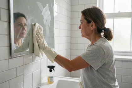 Femme nettoyant un miroir de salle de bain avec un chiffon en microfibre et un mélange économique maison