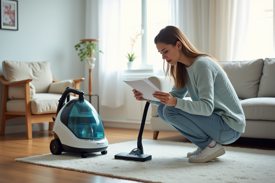 Femme comparant deux nettoyeurs vapeur dans un salon lumineux