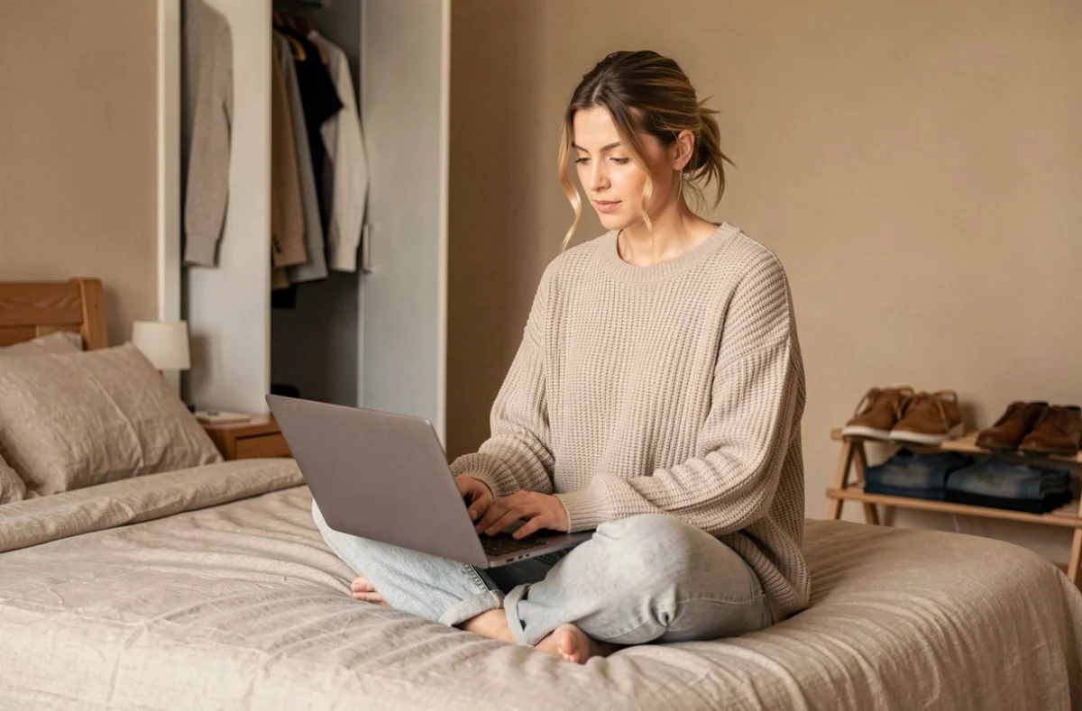 Femme organisant en ligne le dressing partagé du couple depuis son ordinateur portable dans la chambre