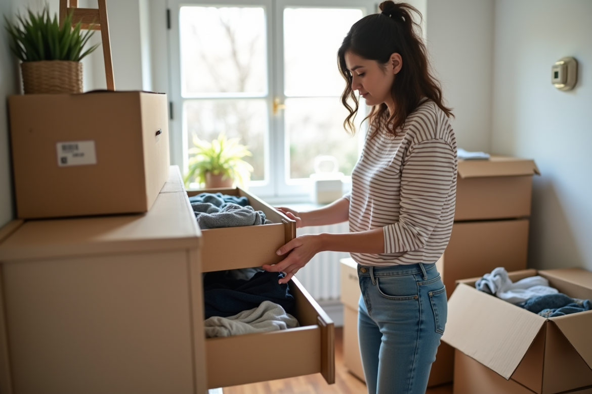 Femme rangeant un tiroir dans une chambre lumineuse