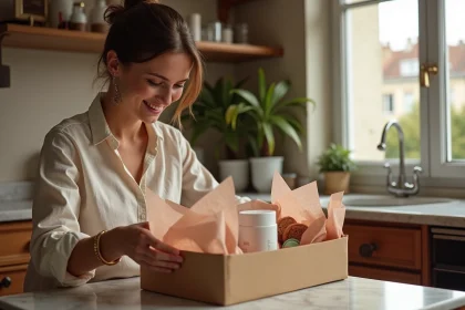 Femme parisienne découvrant le contenu de la box Que J'adore Paris dans son appartement haussmannien