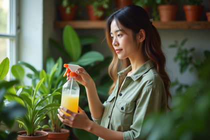 Femme pulvérisant un insecticide maison sur des plantes vertes