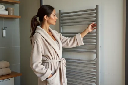 Jeune femme ajuste un radiateur électrique dans la salle de bain