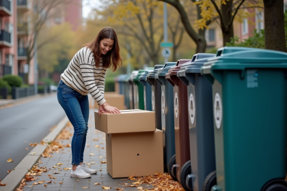 Femme en jeans et pull rayé près des poubelles de recyclage en ville