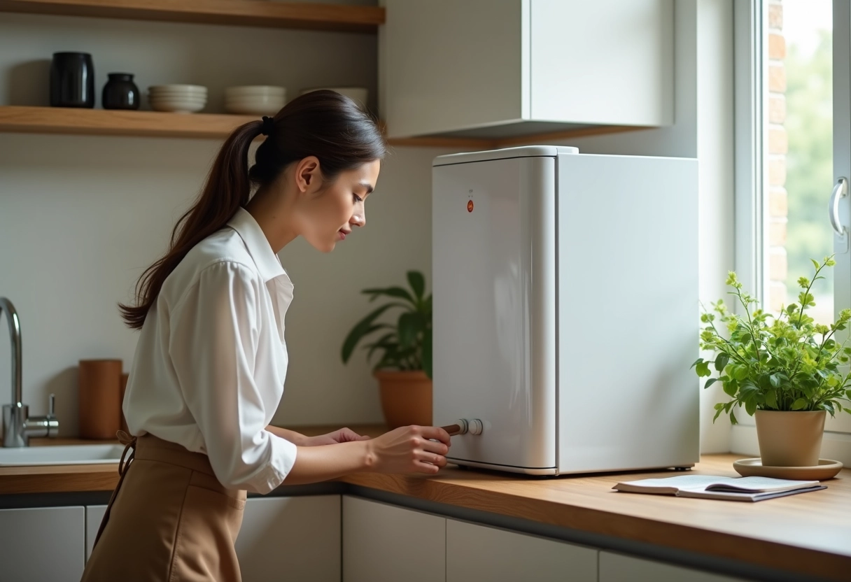 Jeune femme examinant le coin du plan de travail de la cuisine