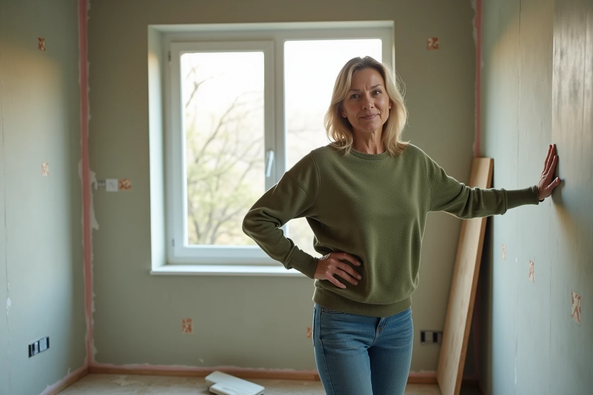 Femme présentant une plaque d'isolation thermique nouvellement posée dans une chambre en cours de rénovation légère