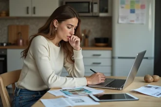 Femme réfléchissant à ses dépenses de rénovation dans la cuisine