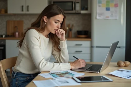Femme réfléchissant à ses dépenses de rénovation dans la cuisine