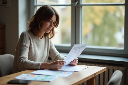 Femme regardant des documents de renovation maison