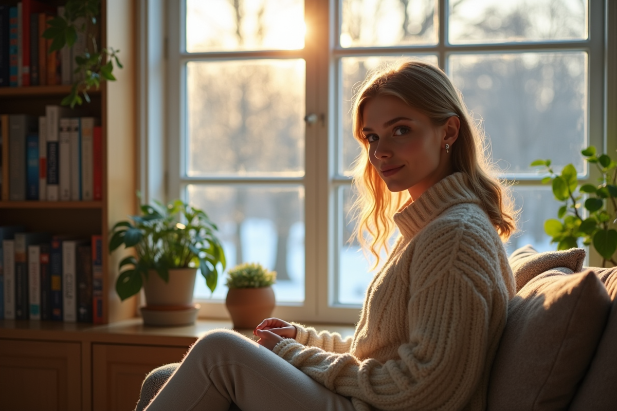 Jeune femme dans un bureau avec grande fenetre isolante en hiver