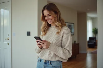 Femme souriante utilisant son smartphone dans un salon moderne