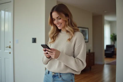 Femme souriante utilisant son smartphone dans un salon moderne