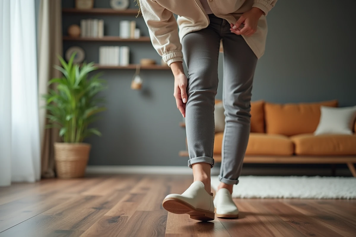 Femme testant un grincement de parquet flottant en noyer dans un salon d'appartement moderne
