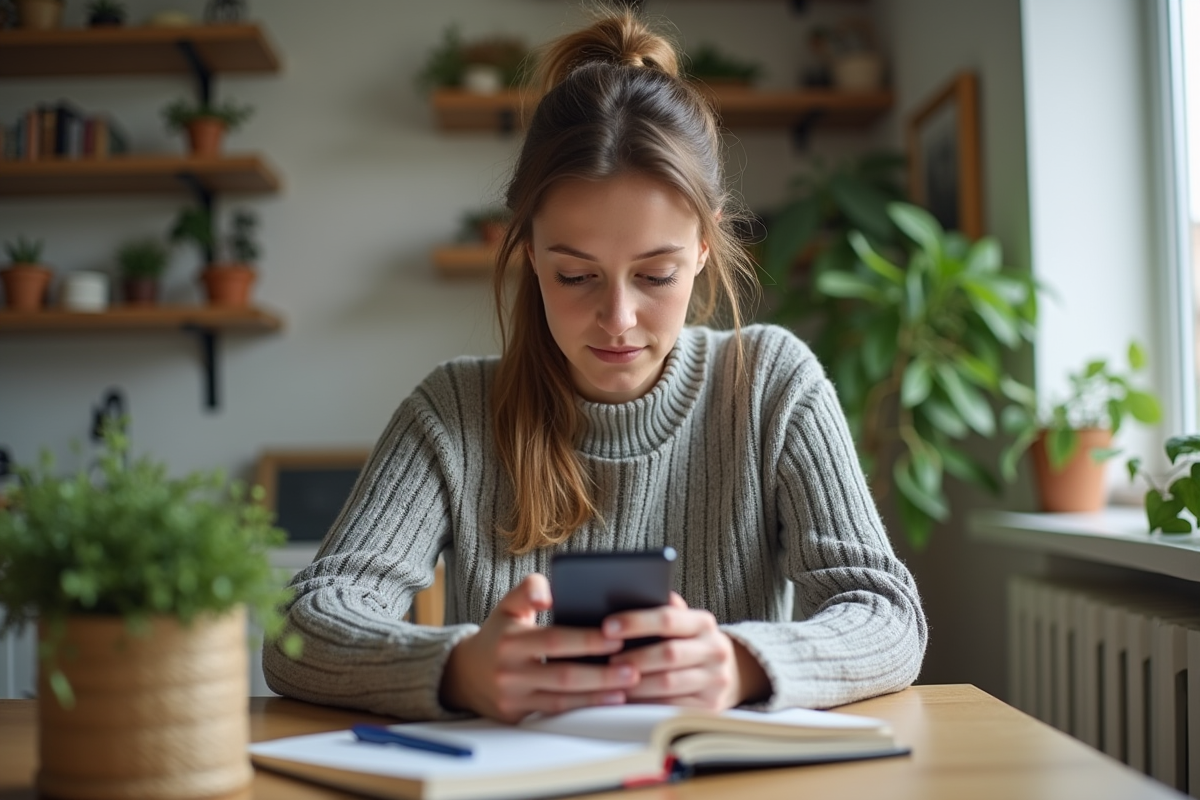 Jeune femme vérifiant son smartphone pour dépannage électrique