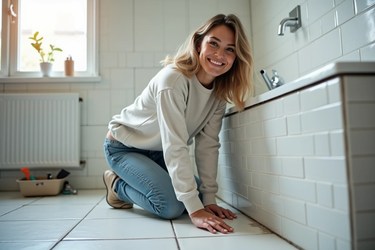 Jeune femme inspectant le carrelage dans une salle de bain
