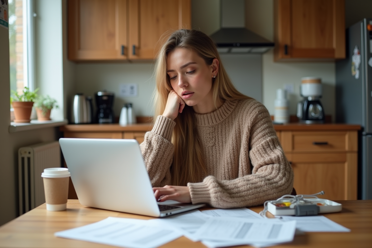 Jeune femme examinant factures de chauffage dans une cuisine