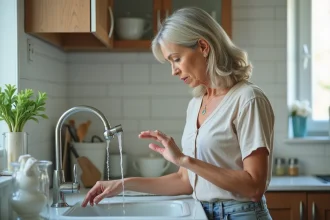Femme vérifiant un robinet de cuisine dans une cuisine moderne