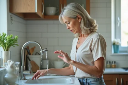 Femme vérifiant un robinet de cuisine dans une cuisine moderne