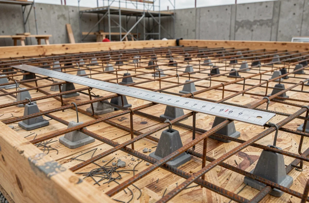 Grille de ferraillage avec écarteurs et règle métallique sur coffrage bois pour mesurer l'épaisseur d'une dalle béton