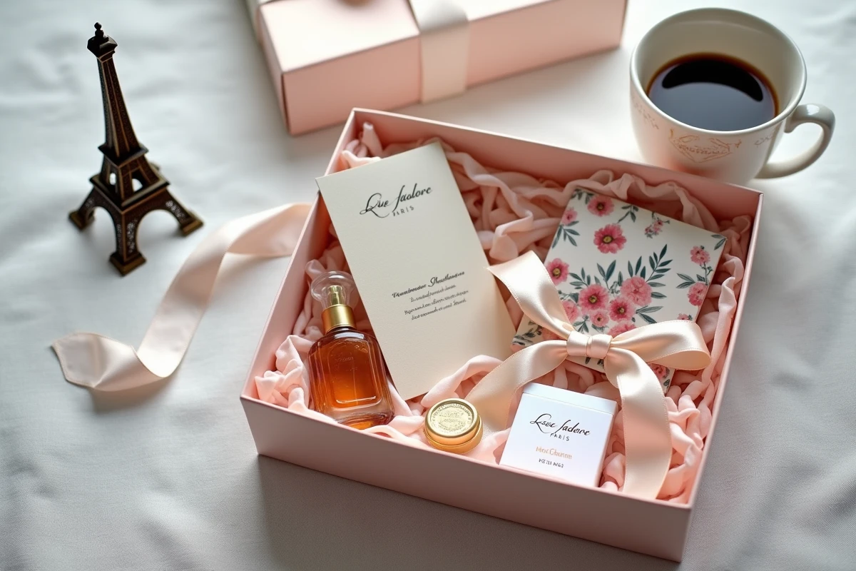 Flat lay du contenu de la box Que J'adore Paris avec produits français artisanaux sur nappe en lin