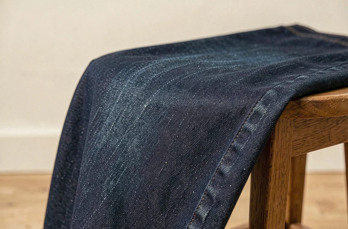 Un tissu en jean bleu foncé drapé sur un tabouret en bois, montrant la texture diagonale du denim
