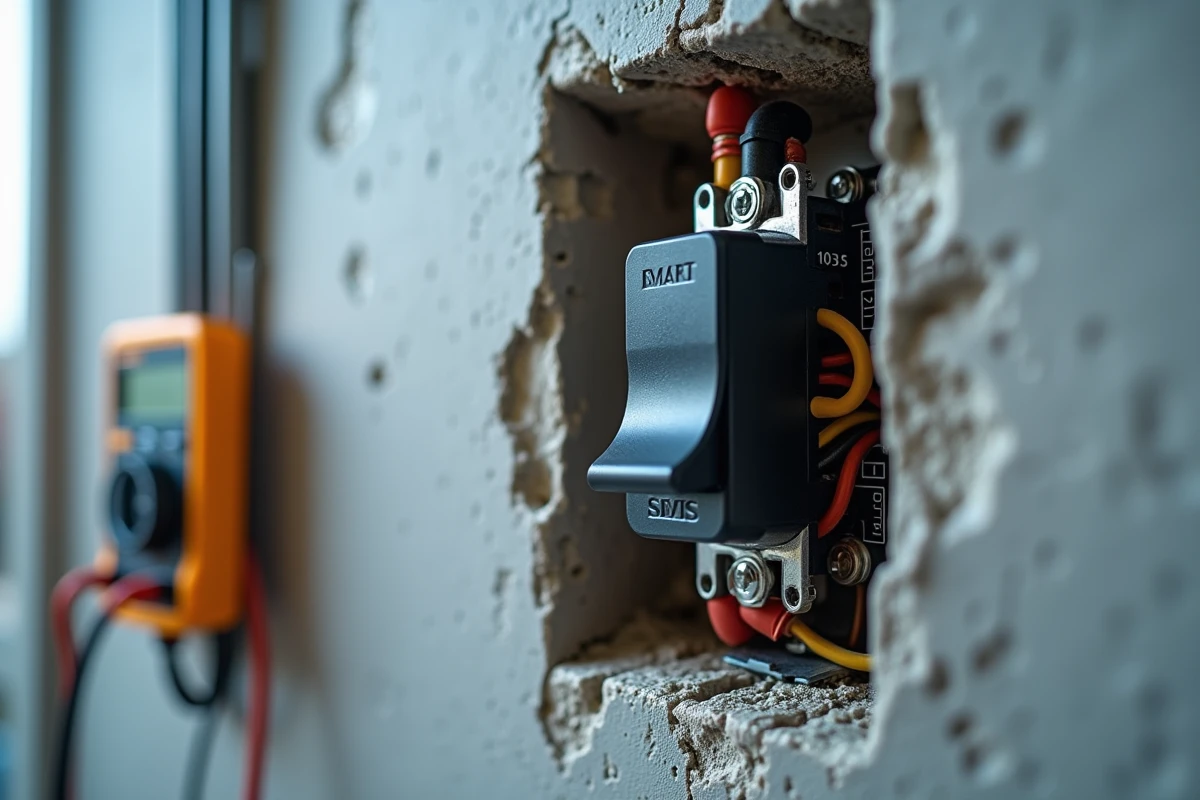 Gros plan sur un bouton poussoir connecté en cours de câblage avec module relais domotique encastré