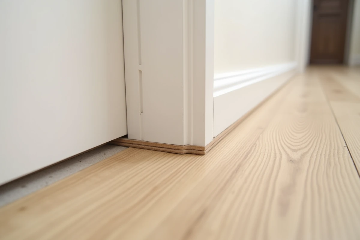 Gros plan sur un grincement de parquet flottant avec écart entre lames et sous-couche visible