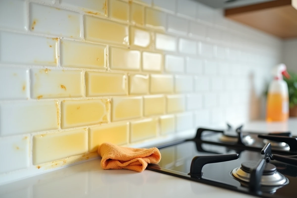 Gros plan sur un mur de cuisine partiellement lessivé montrant le contraste entre zone grasse et zone nettoyée
