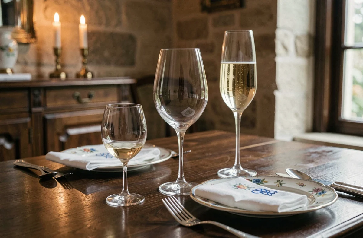 Gros plan sur la disposition de trois verres en cristal pour un couvert de dîner chic français sur table en noyer