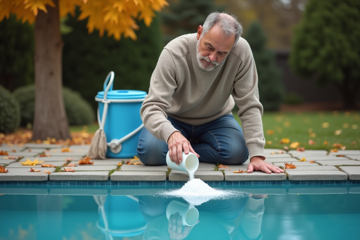 Homme d'âge moyen verse du chlore dans la piscine extérieure