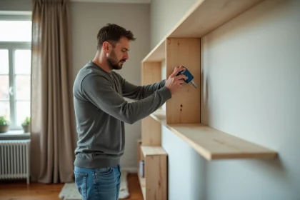 Homme posant une étagère en bois dans un salon moderne